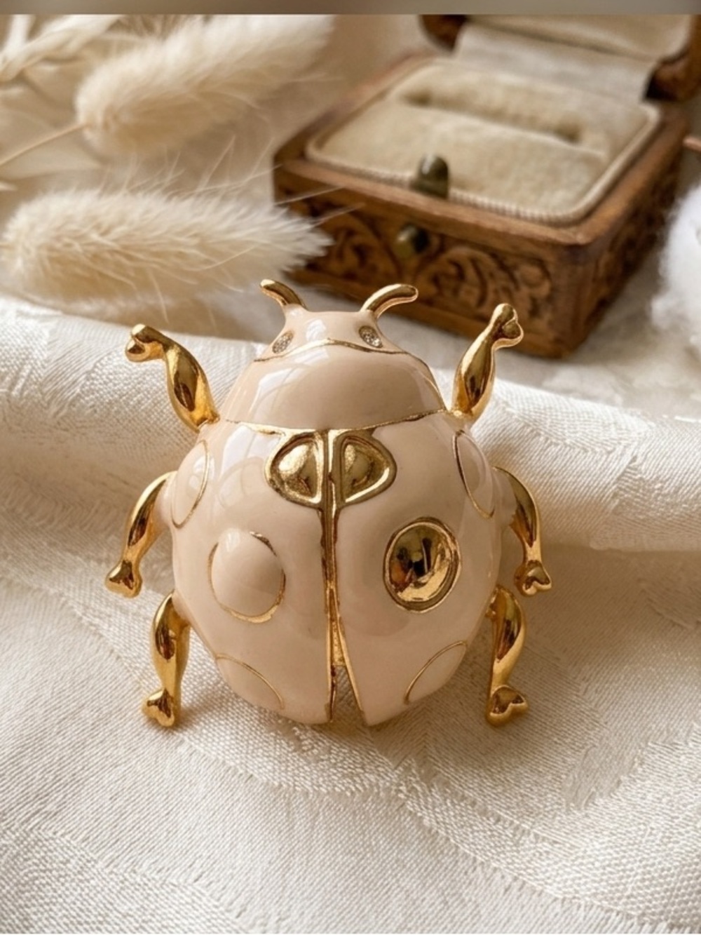 Vintage Cream & Gold Enamel Beetle Brooch – Whimsical Statement Piece